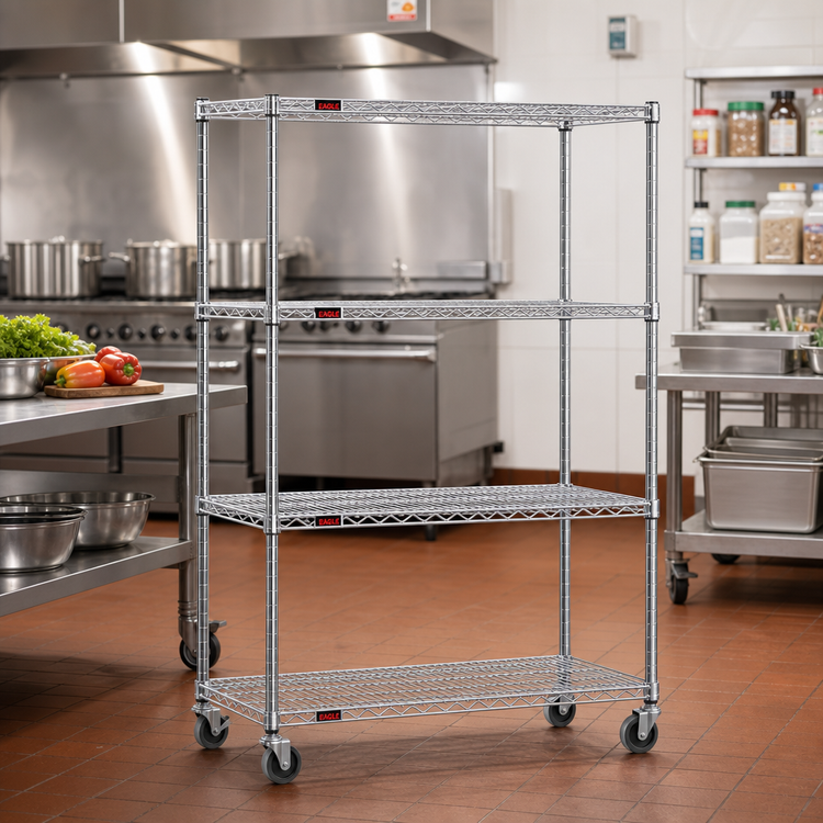 Product image #2 for Eagle Group 4-Tier 36-Inch W x 21-Inch D Chrome Wire Dolly Truck with 5-Inch Poly Swivel Casters