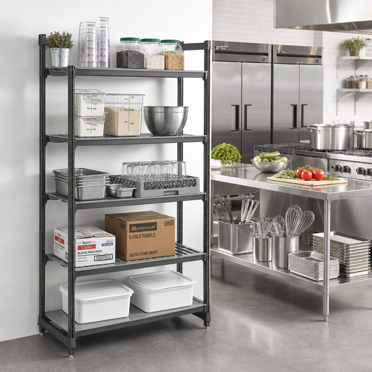 Product image #2 for Cambro Camshelving Basics Plus 5-Tier Stationary Starter Unit, 21 x 42 x 84 Inches, Mixed Vented and Solid Shelves, Brushed Graphite