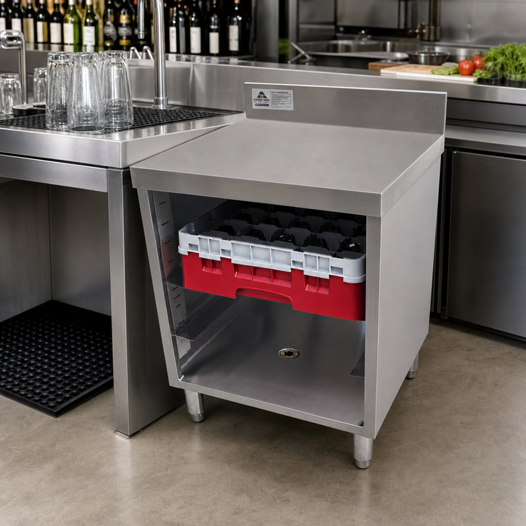 Product image #2 for Advance Tabco Underbar Basics Closed Stainless Steel Glass Rack Cabinet with Flat Top and 4 Inch Backsplash, 24 Inch W x 21 Inch D x 33 Inch H