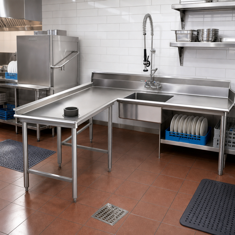 Product image #2 for Left-Hand Island Soiled Dish Table with Pre-Rinse Sink, 84-Inch Machine-to-Corner, 60-Inch Corner-to-End, 16/430 Stainless Steel