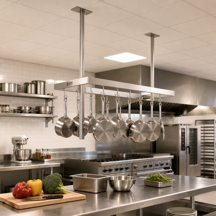 Product image #2 for John Boos Ceiling-Mounted Square Stainless Steel Pot Rack with 9 Double Hooks, 31-1/4 x 18 x 48 Inches