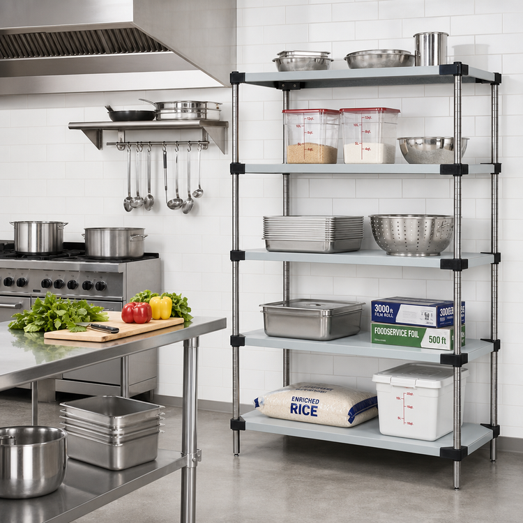 Product image #2 for Quantum WRS5-74-1448SS 5-Shelf Solid Stainless Steel Shelving Starter Kit, 48"W x 14"D x 74"H