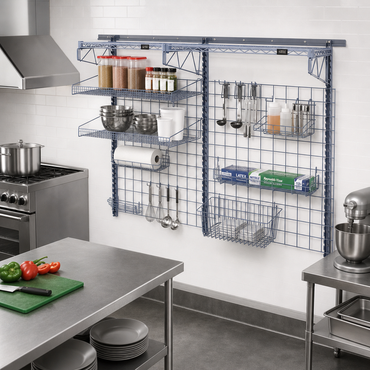 Product image #2 for Quantum Wall-Mounted Store Grid Medium-Duty Starter Kit with Shelves, Baskets and Hooks