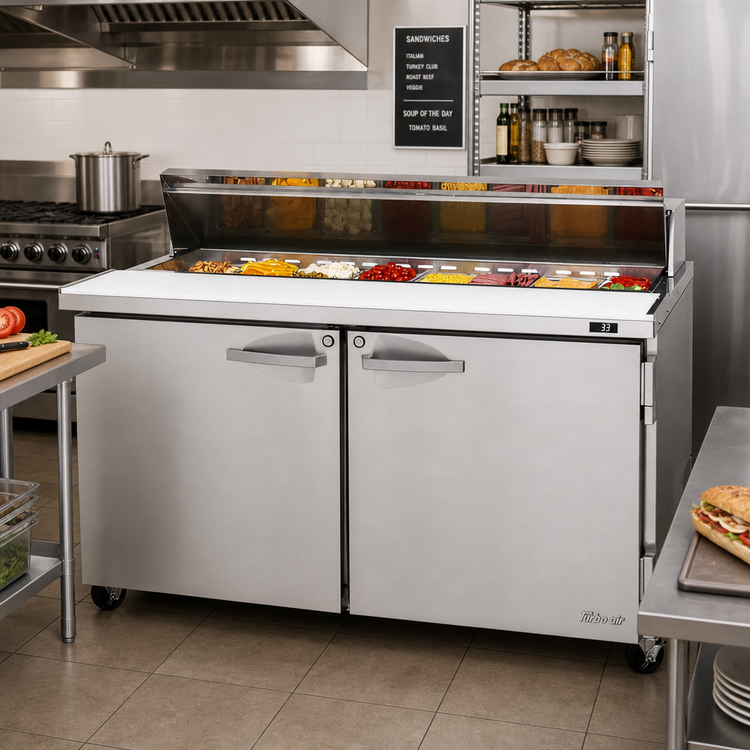 Product image #2 for Turbo Air PRO Series 60-Inch Two-Section Sandwich/Salad Prep Table with 16-Pan Opening, Solid Doors, Rear-Mount Self-Contained Compressor