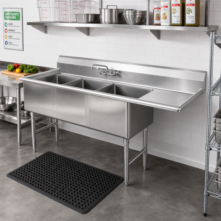 Product image #2 for Steel Works 18-Gauge 3-Compartment 304 Stainless Steel Sink with Right Drainboard — 68.5" W x 25.5" D x 43.75" H
