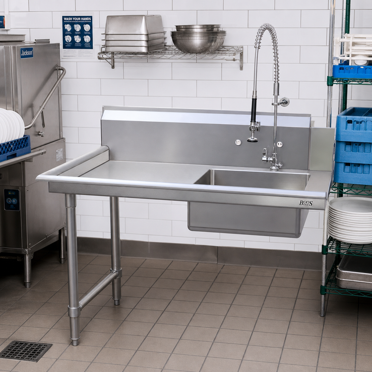 Product image #2 for John Boos JDTS-20-26L-X Straight Soiled Stainless Steel Dish Table with 16" x 20" Pre-Rinse Sink