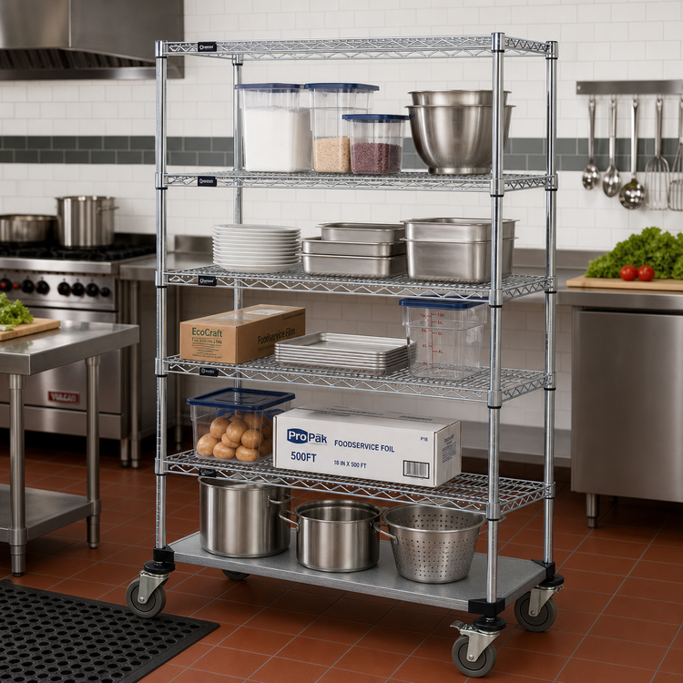 Product image #2 for Quantum 60 Inch x 24 Inch x 69 Inch Mobile Wire Shelving Cart with 5 Shelves, Chrome Plated Finish