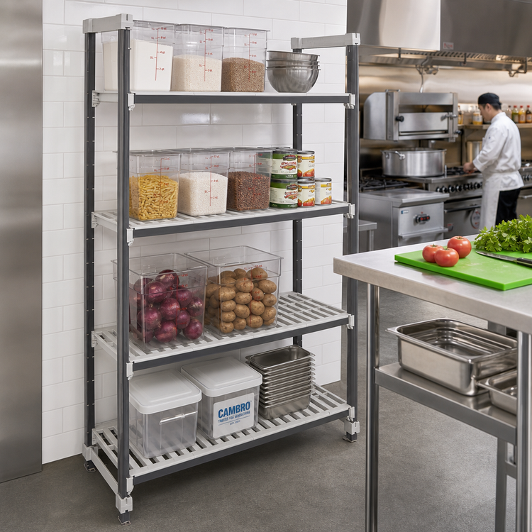 Product image #2 for Cambro Camshelving Elements XTRA High Density Top Rail Stationary Starter Unit, 4-Shelf Vented, 18"D x 48"L x 81"H, Speckled Gray