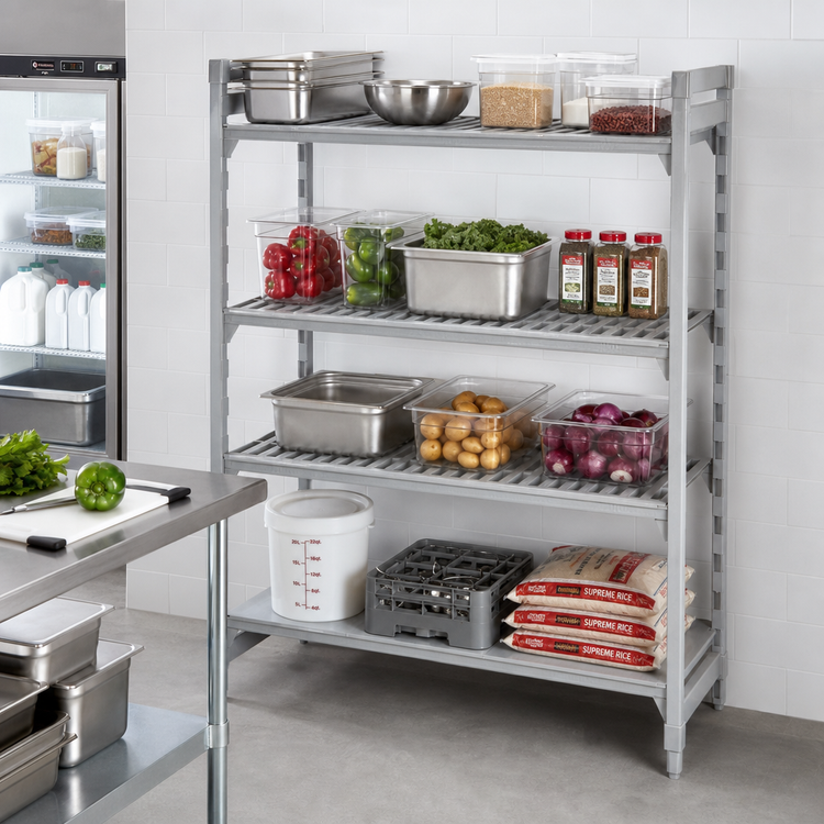 Product image #3 for Cambro Camshelving Premium 24" D x 72" L x 84" H 4-Shelf Vented and Solid Add-On Polymer Shelving Unit, Speckled Gray