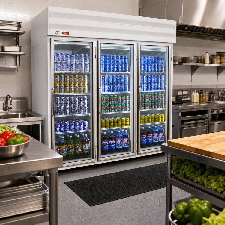 Product image #2 for Howard-McCray HMC GR75 Three-Section Glass Door Reach-In Refrigerator Merchandiser, 75 Cu. Ft., Top-Mount Self-Contained
