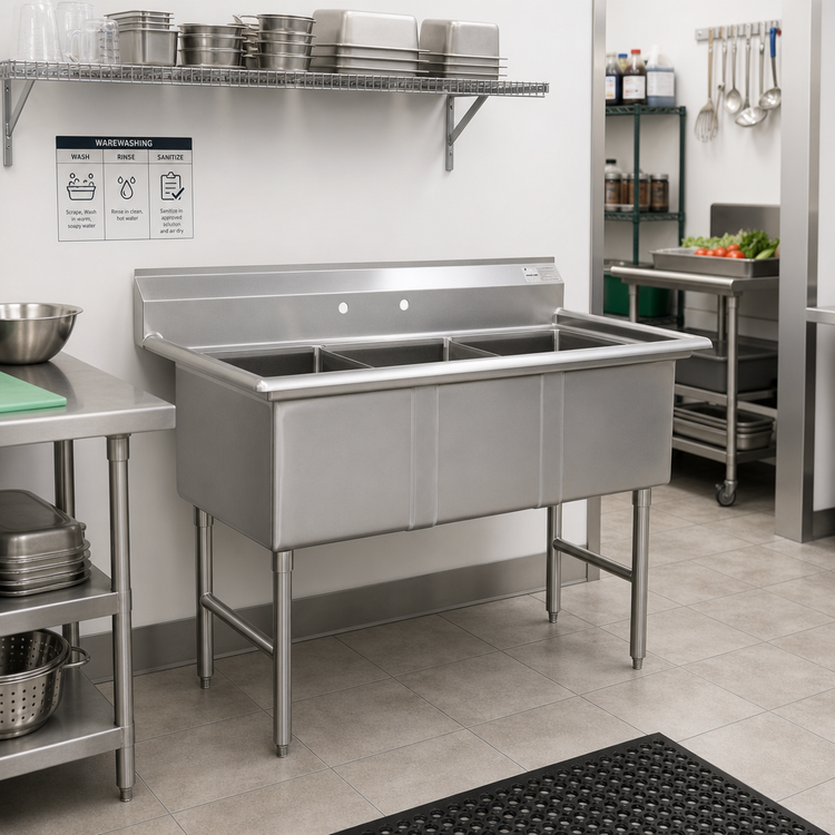 Product image #2 for Advance Tabco Special Value Series 3-Compartment Fabricated Sink with No Drainboards, 18 x 24 x 14 Inch Bowls