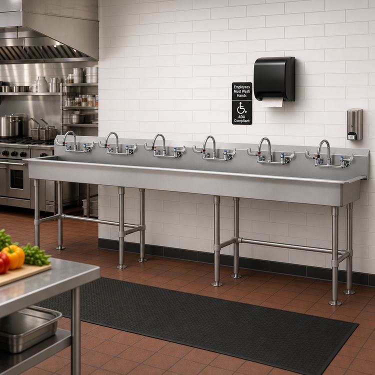 Product image #2 for Advance Tabco FS-FM-120-ADA-F 120-Inch 6-Station ADA Compliant Freestanding Multiwash Hand Wash Sink with Gooseneck Faucets