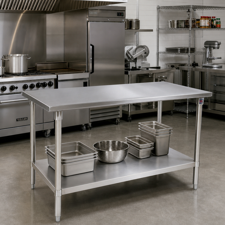 Product image #2 for John Boos 120-Inch x 48-Inch 16-Gauge 300 Series Stainless Steel Flat Top Work Table with Adjustable Undershelf