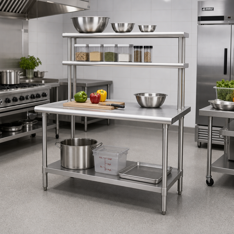 Product image #2 for Eagle Budget Series Spec-Master B Stainless Steel Open Base Work Table with Flex-Master Overshelf Kit, 48"W x 30"D x 35-1/8"H