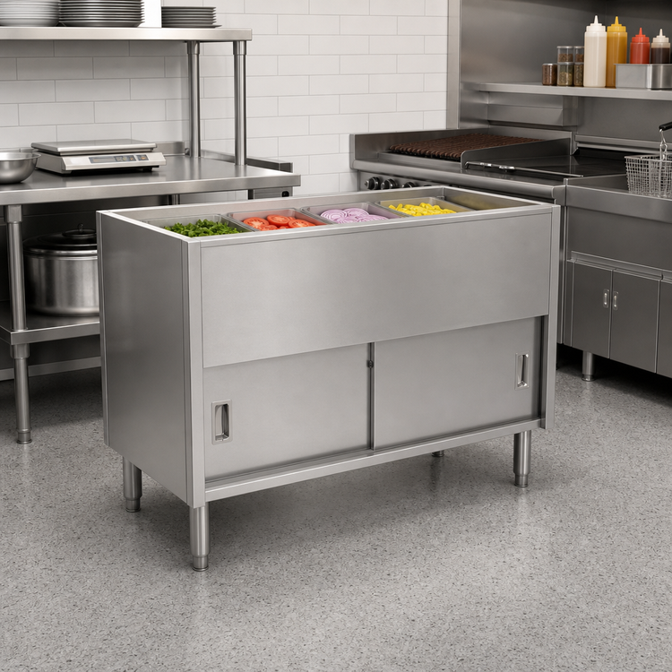 Product image #2 for Spec-Master Stationary Ice-Cooled Cold Food Table with Sliding Doors, 48-Inch Stainless Steel, 3-Pan Capacity