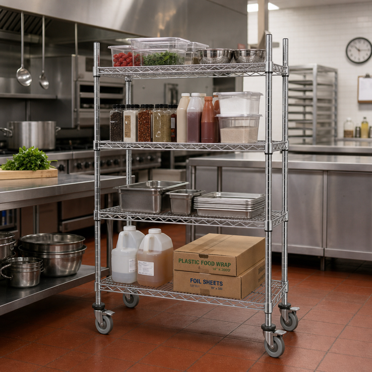 Product image #2 for Chrome Mobile Wire Cart with Poly Casters, 24 x 48 Inch, 4 Shelves