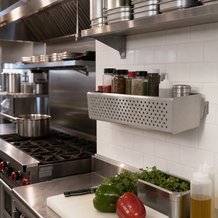 Product image #3 for BK Resources Wall- or Pot-Rack Mounted Condiment/Spice Rack, 18-1/2 x 6-7/8 x 3-7/8 Inches, T304 Stainless Steel