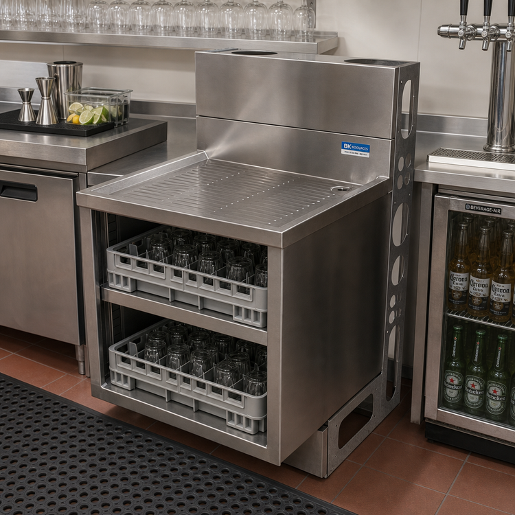 Product image #3 for BK Resources 36-Inch Underbar Glass Rack Cabinet with Drainboard Top, Open Front Base, and Adjustable Shelf