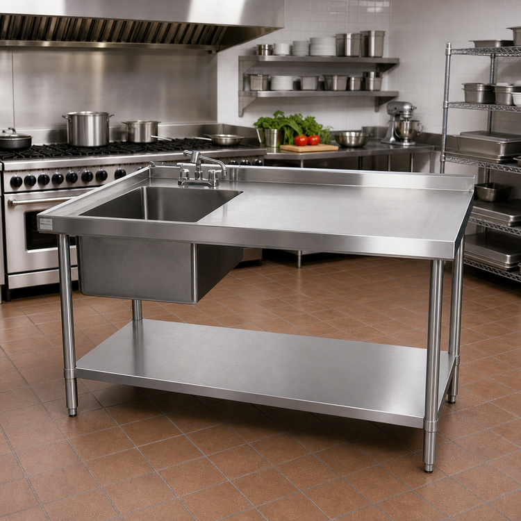Product image #2 for Klinger's Trading Stainless Steel Work Table With Left Prep Sink, Marine Edge, Backsplash and Undershelf, 84 x 24 Inches