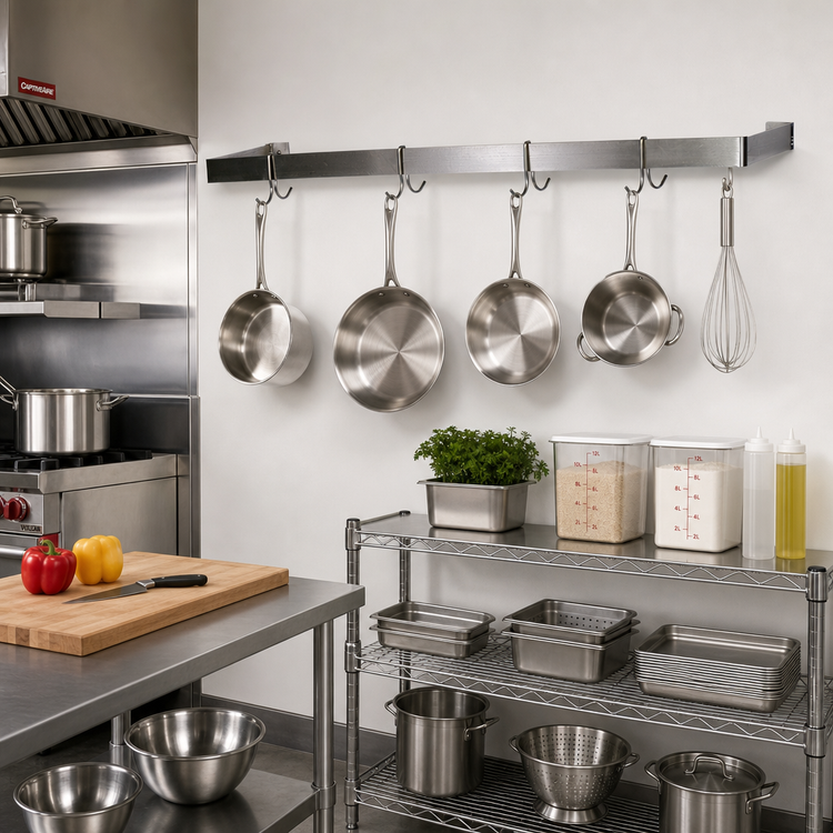 Product image #2 for BK Resources Wall-Mount Single Bar Pot Rack, 72 Inch x 12 Inch, 304 Stainless Steel, 6 Double-Prong Hooks