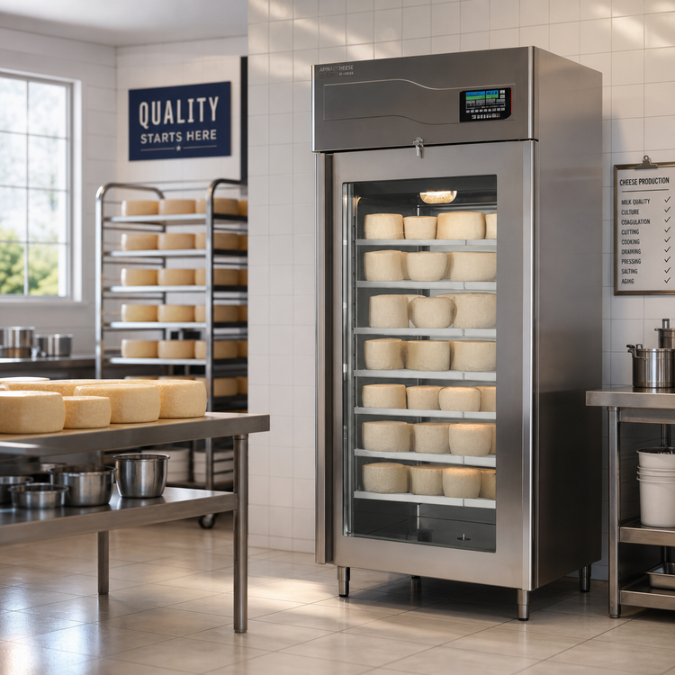 Product image #2 for Omcan Affinacheese® Single-Section Reach-In Cheese Drying Cabinet, 330 lb Capacity, Self-Contained Top-Mounted Refrigeration, Glass Display Door