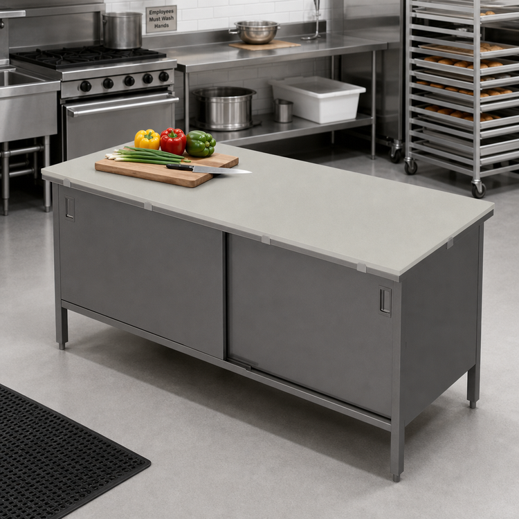 Product image #2 for John Boos Enclosed Base Poly Top Work Table with Sliding Doors, 72-Inch x 30-Inch, 3/4-Inch Top