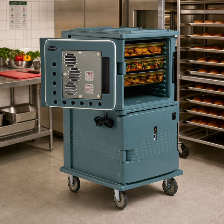 Product image #3 for Cambro Ultra Camcart H-Series 2-Compartment Front-Loading Heated Food Pan Carrier, Top Heated Door Only, Heavy-Duty Casters, Slate Blue