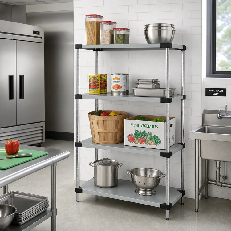 Product image #2 for Quantum Stationary Solid Shelving Starter Kit with 4 Shelves and 4 Posts, 36 x 14 x 86 Inches, 304 Stainless Steel