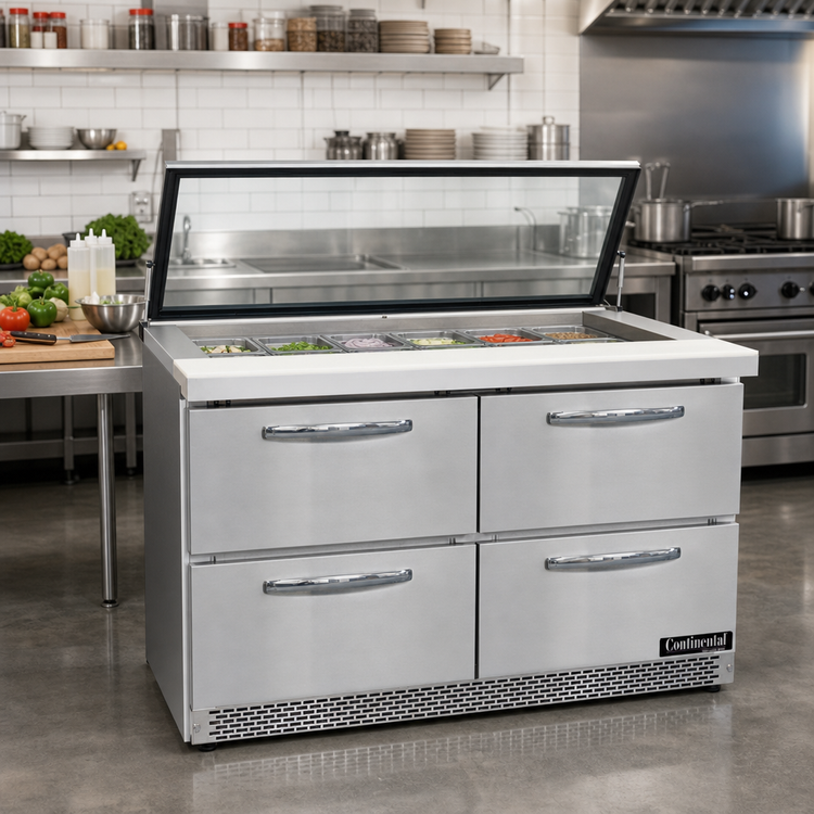 Product image #2 for Continental Refrigerator Mighty Top SW48N18M-HGL-FB-D 48" Two-Section Sandwich Unit, 18-Pan, Hinged Glass Lid, Front Breather