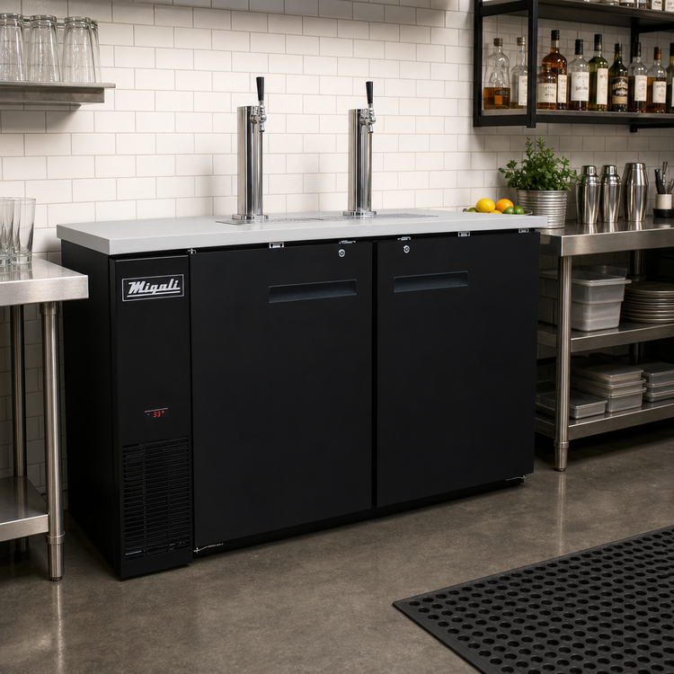 Product image #2 for Migali Competitor Series® Two-Section Direct Draw Beer Dispenser with 2 Single-Faucet Towers, Holds 2 Half-Barrel Kegs, 60.8 Inch Wide, 115V