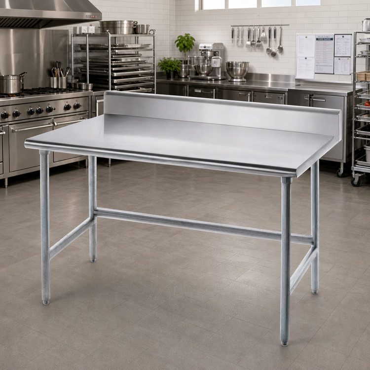 Product image #2 for Advance Tabco 120-Inch x 36-Inch 14-Gauge 304 Stainless Steel Work Table with 5-Inch Backsplash and Galvanized Legs