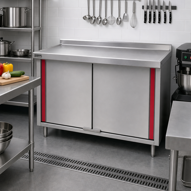 Product image #2 for Spec-Master Marine Series 72-Inch x 24-Inch Stainless Steel Cabinet Base Work Table with Hinged Doors and Rear Up-Turn