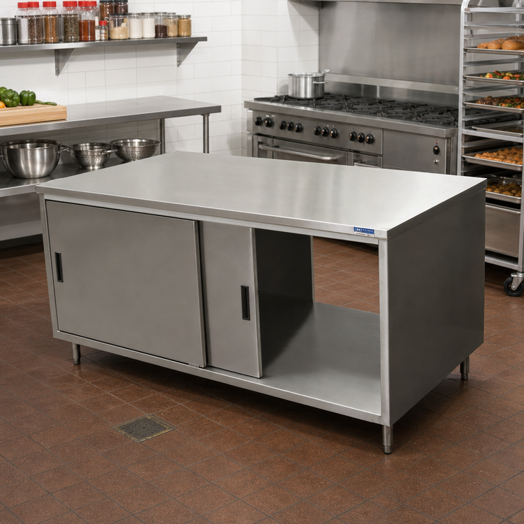 Product image #2 for BK Resources Dual Access Stainless Steel Chef Table with Cabinet Base and Sliding Doors, 72 x 30 x 34-3/4 Inches