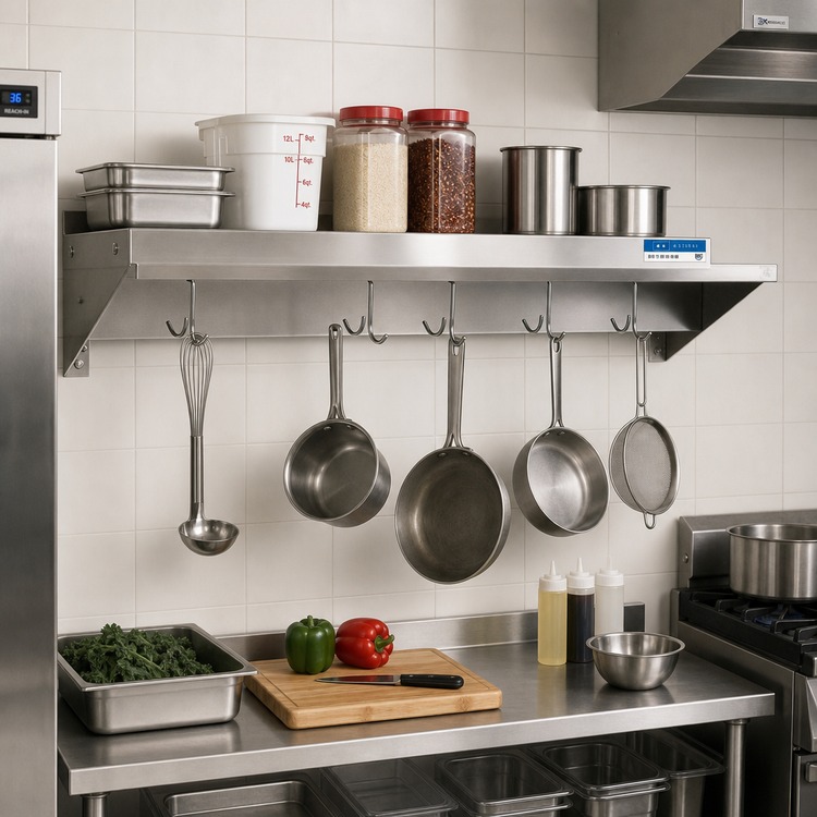 Product image #2 for BK Resources Economy Wall-Mount Stainless Steel Overshelf with Pot Rack, 48"W x 16"D
