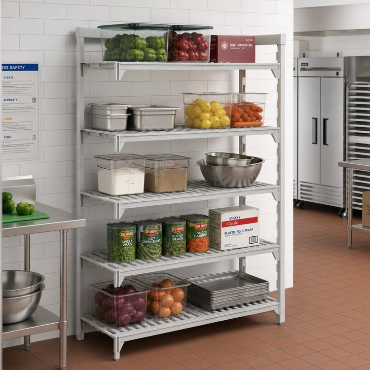 Product image #3 for Cambro Camshelving Premium 5-Tier Vented Stationary Add-On Polymer Shelving Unit, 54 Inch x 21 Inch x 84 Inch, Speckled Gray
