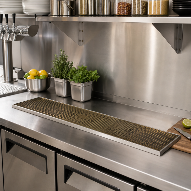 Product image #2 for 45-Inch Surface Mount Stainless Steel Drip Tray Trough with Perforated PVD Brass Screen