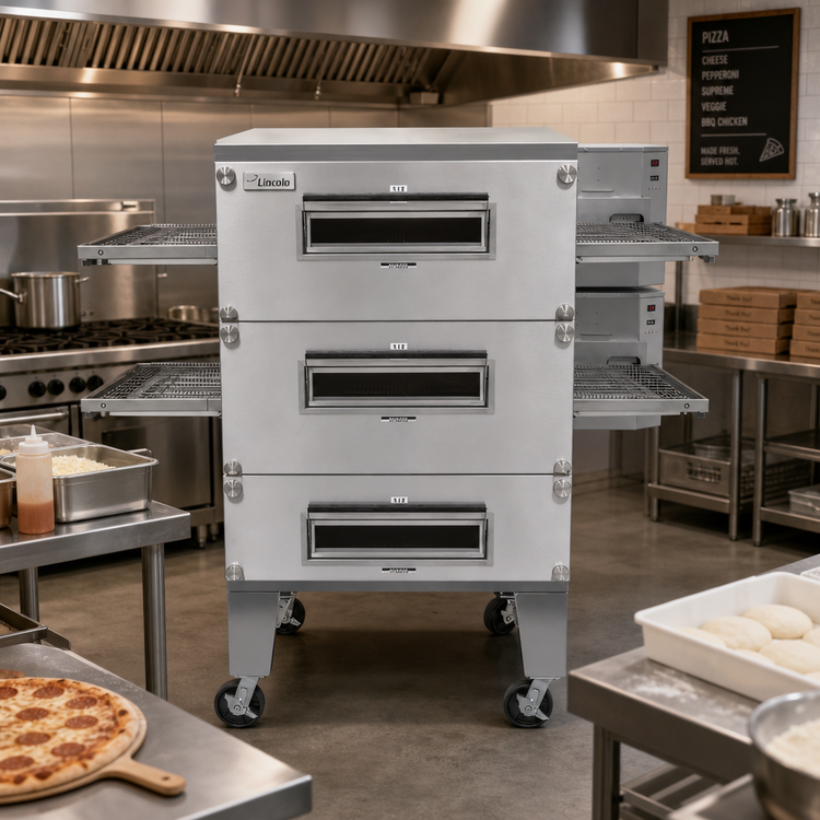 Product image #2 for Lincoln Impinger 3200 Series Triple-Deck LP Gas Conveyor Pizza Oven Package, 40-Inch Baking Chamber, Low Stand and Casters