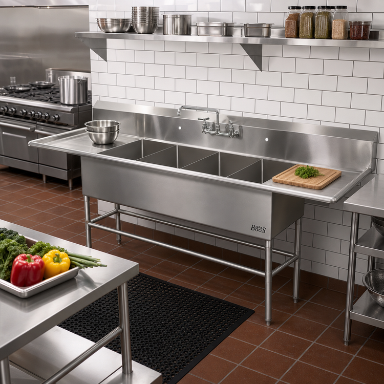 Product image #2 for John Boos Pro-Bowl 4-Compartment Commercial Sink with Dual 24-Inch Drainboards and 20-Inch x 20-Inch Bowls