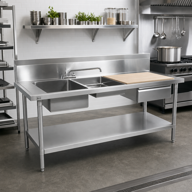 Product image #2 for John Boos 96-Inch 2-Compartment Stainless Steel Sink Table with Left-End Bowls, Cutting Board, Drawer, and 10-Inch Backsplash