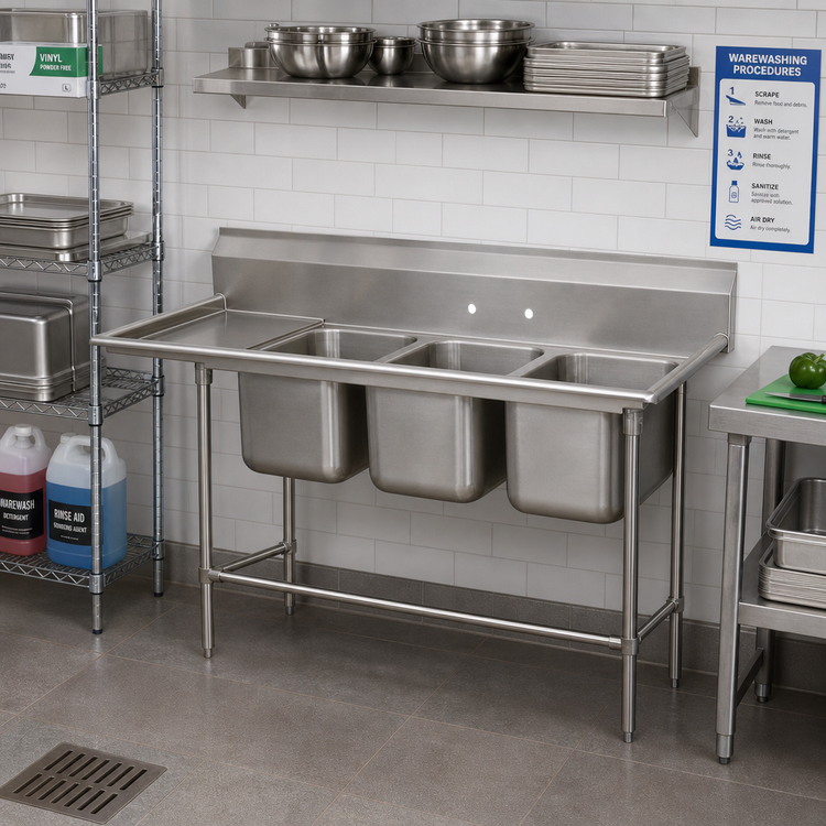 Product image #2 for Advance Tabco Regaline 3-Compartment Sink with Left-Hand Drainboard, 24 x 24-Inch Compartments, 14-Gauge 304 Stainless Steel