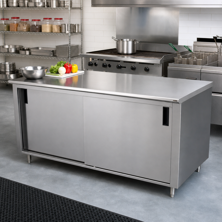 Product image #2 for Advance Tabco 96-Inch W x 36-Inch D Enclosed Work Table with Cabinet Base and Sliding Doors, 14-Gauge 304 Stainless Steel Top