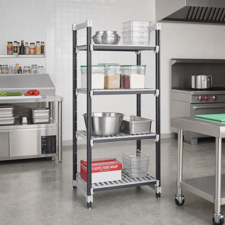Product image #2 for Cambro Camshelving Elements XTRA 4-Tier Stationary Starter Polymer Shelving Unit, 24" x 24" x 64"
