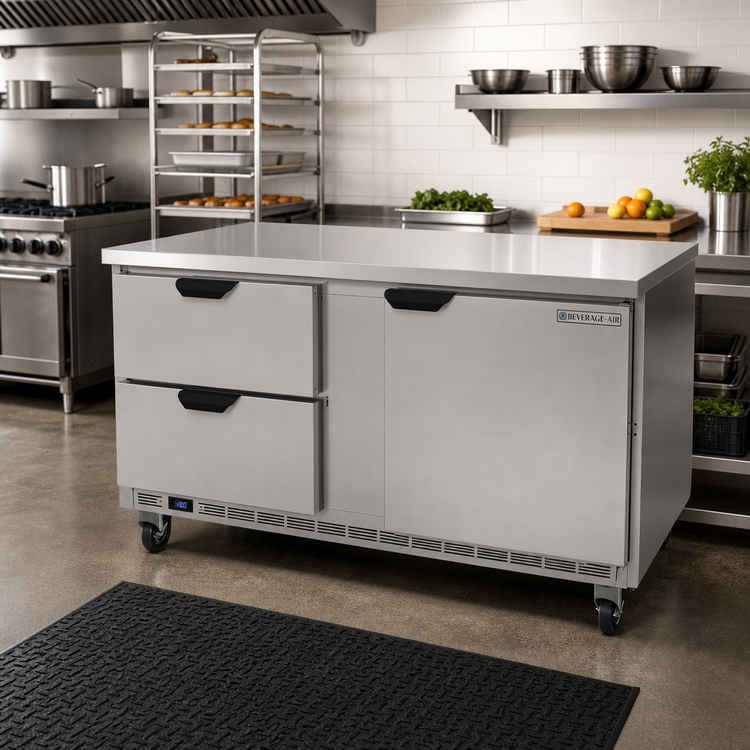 Product image #2 for Beverage-Air 60-Inch Two-Section Worktop Freezer with 2 Drawers and 1 Solid Door, 14.39 Cu. Ft.
