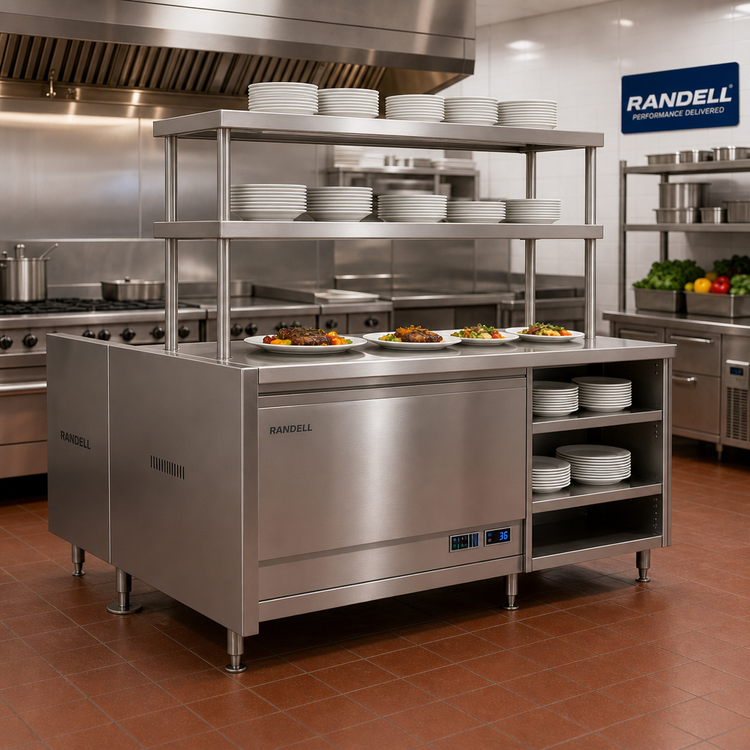 Product image #2 for Randell Modular Center-Section Chef Service Counter with Plate Storage Cabinet, Double Overshelf, and Wing Wall, 65-1/2 Inch, Stainless Steel