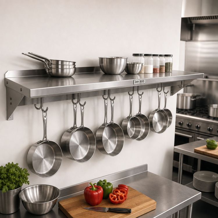 Product image #2 for John Boos Stallion 96-Inch Wall-Mount Stainless Steel Pot Rack Shelf with 8 Hooks