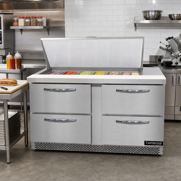 Product image #2 for Continental Refrigerator D60N18M-FB-D Designer Line Mighty Top 60 inch Two-Section Sandwich Prep Refrigerator with Drawers