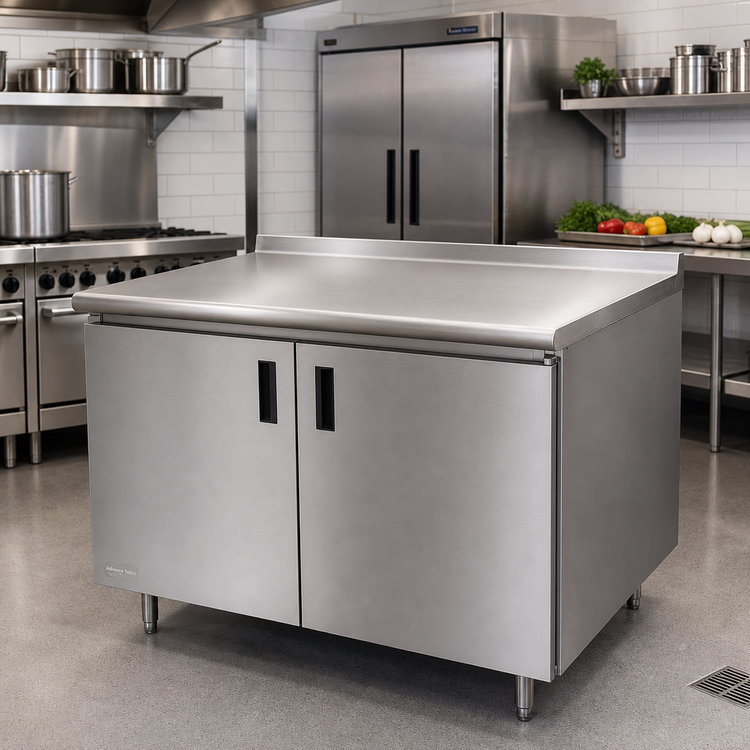 Product image #2 for Advance Tabco Enclosed Work Table with Cabinet Base, Mid-Shelf and Hinged Doors, 96 x 24 Inch, 14 Gauge 304 Stainless Steel Top