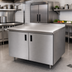 Thumbnail image #2 for Advance Tabco Enclosed Work Table with Cabinet Base, Mid-Shelf and Hinged Doors, 96 x 24 Inch, 14 Gauge 304 Stainless Steel Top