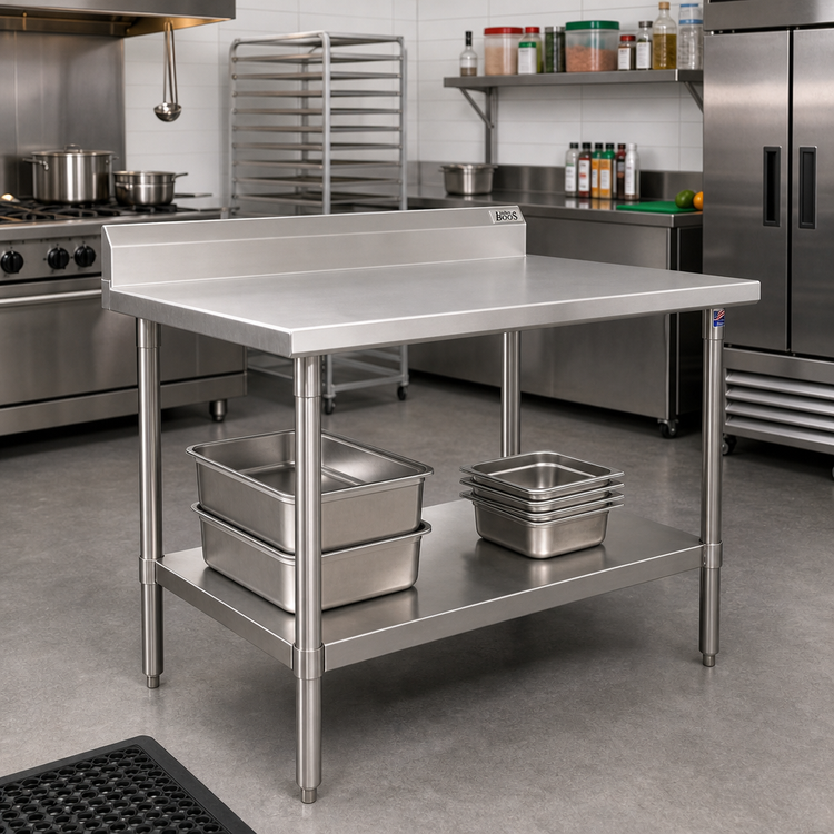 Product image #2 for John Boos Stallion 72"W x 36"D 16-Gauge Stainless Steel Work Table with 5" Backsplash and Undershelf