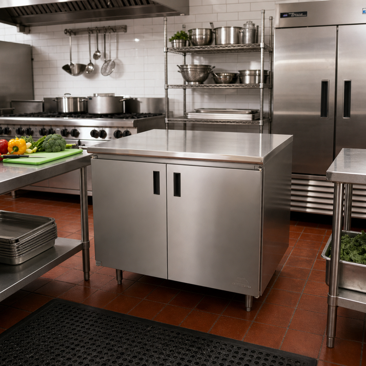 Product image #2 for Advance Tabco 36-Inch x 30-Inch Enclosed Work Table with Hinged Door Cabinet Base, 14-Gauge 304 Stainless Steel Top